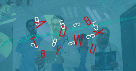 Medical team reviewing X-ray on tablet in hospital corridor, with stethoscopes and digital overlays