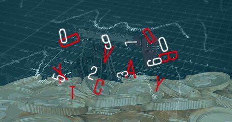 Emerging oil pump jack rising from gold coins in digital finance grid space, with floating data