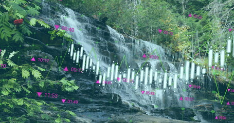 Fototapeta premium Cascading waterfall flowing over rock ledges in forest, with translucent financial chart overlay
