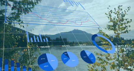 Displaying translucent 3D grid floating over serene lakeside panorama, with financial charts