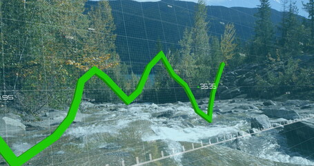 Showing bright green jagged line graph overlaying mountain stream in fall with digital grid labels