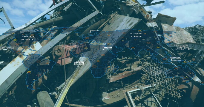 Displaying world map overlay over scrapyard heap, with rusted beams and pipes outdoors - Powered by Adobe