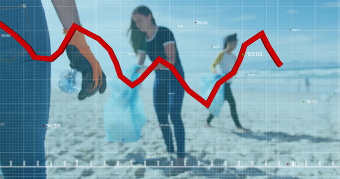 Volunteers collecting litter on sandy beach, grid overlay and red line graph data, copy space