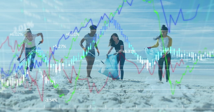 Collecting four volunteers picking up litter on sandy shoreline, with litter grabbers, data overlay