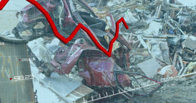 Fototapeta Mangled red car body resting in scrapyard, with grid overlay, red line graph data labels