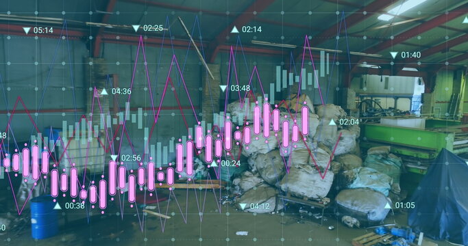 Showing central stack of compressed sacks on pallets in warehouse, with pink candlestick overlay