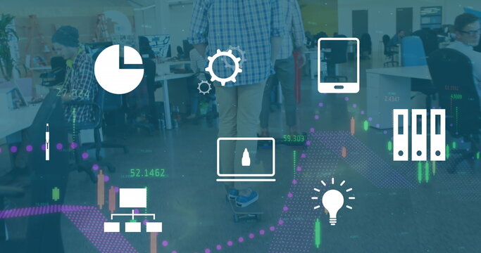 Skating man in checkered shirt on electric skateboard through open plan office with data icons - Powered by Adobe