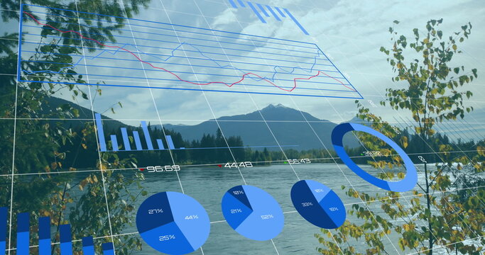 Fototapeta Displaying translucent 3D grid floating over serene lakeside panorama, with financial charts
