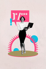 Art image vertical photo collage of happy businesswoman manager hold laptop gearwheel optimization...
