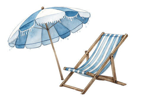Blue striped beach chair and umbrella watercolor illustration isolated on transparent background