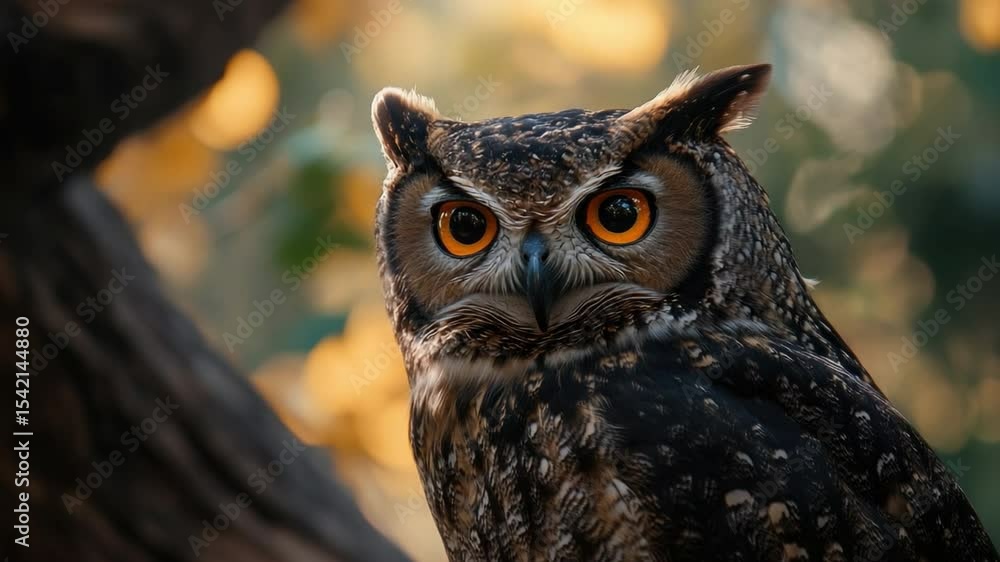 Poster Majestic Owl Perched on Tree Branch in Forest Setting with Vibrant Background Colors and Intricate Feather Details transparent background png