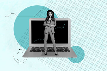Composite poster image art collage of happy businessman businesswoman stand laptop device graph...