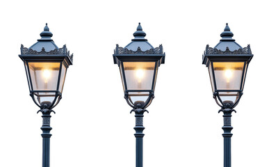 Ornate street lamps with classic design and warm lighting outdoor decor isolated on transparent background.