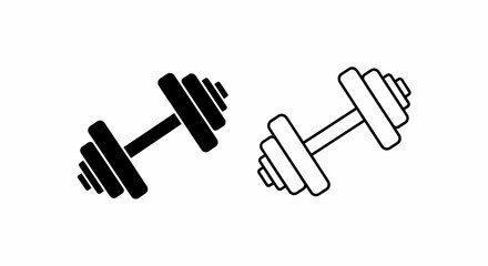 Obraz premium This high-quality vector image features two minimalist dumbbell icons: a solid black silhouette and a black outline, both with a central bar and two weights, all with fine details.