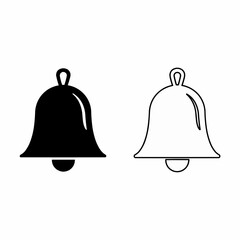 This high-quality vector image features two minimalist bell icons: a solid black silhouette and a black outline, both with a rounded top, elongated loop, and clapper, all with fine details.