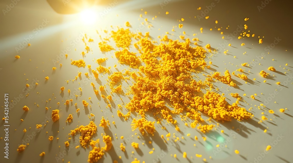 Poster a cluster of small, bright yellow particles is scattered on a light surface, illuminated by a strong