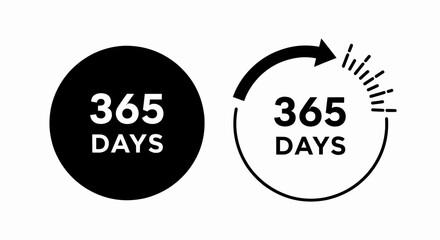 This high-quality vector image features two minimalist 365 Days icons: a solid black circle with white text and a black outline with an arrow and dashes, all with fine details.