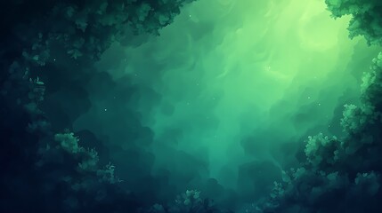 Enchanted forest canopy illustration with lush foliage and vibrant light, creating a serene atmosphere