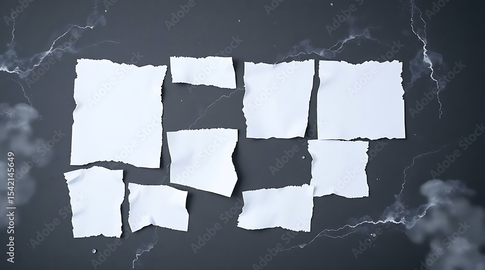Poster ten scattered white, torn paper squares with subtle creases are arranged on a dark background with f