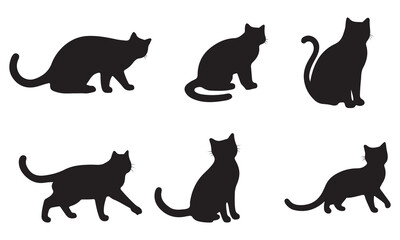 Set of silhouettes of cats on a white background. Vector illustration. Cat silhouettes set, large pack of vector silhouette design