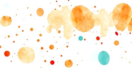 Numerous scattered and overlapping watercolor drops and splatters in yellow, orange, red, and blue float across a white background, creating a playful, abstract design.