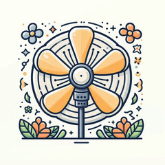 Cartoonstyle electric fan with yellow blades surrounded by floral and geometric motifs