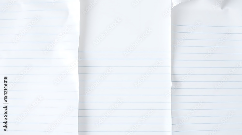 Poster close-up view of three slightly overlapping white lined paper sheets with subtle folds and shadows, 