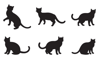 Set of silhouette cats in different poses. Isolated black cat on white background. Vector illustration of elements for design decoration.