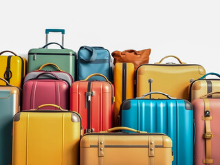 Suitcases and traveler's bags in vibrant colors, intricate patterns, and fine details, isolated on a clean white background with copy space, in a flat vector illustration style.