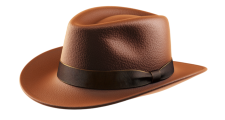 Elegant leather fedora hat with dark ribbon on transparent background