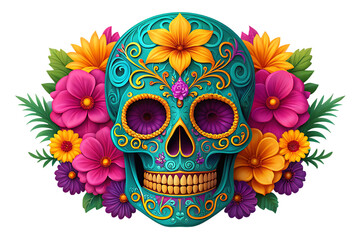 Vibrant teal sugar skull with ornate design and colorful flowers isolated on transparent background