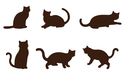 Cat Silhouettes Vector Illustration, perfect for Halloween, cat lovers. Features various cat poses, paw prints. Ideal for pet, animal, feline, domestic, house cat themes