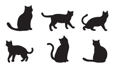Cat Silhouettes Vector Illustration, perfect for Halloween, cat lovers. Features various cat poses, paw prints. Ideal for pet, animal, feline, domestic, house cat themes