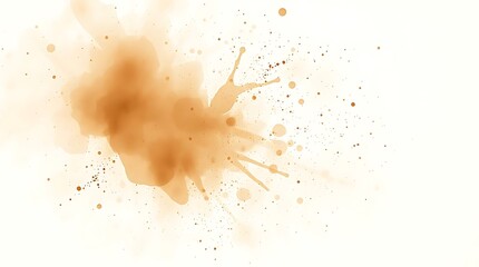 A soft-edged, light brown watercolor stain with splatters and droplets fades across a bright white background.