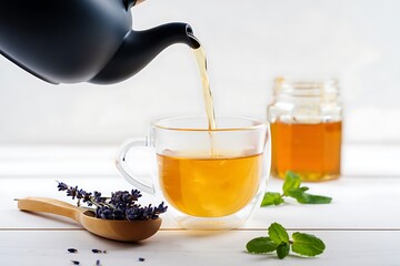Amber herbal tea pouring from a matte black teapot into a double walled glass mug on a white wooden surface with lavender sprigs in a wooden spoon and fresh mint leaves nearby a jar of honey