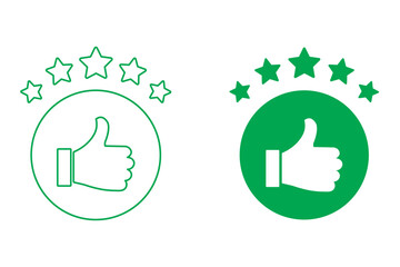 Five Star Rating Like Feedback Vector Illustration. Thumb up with 5 stars feedback. Customer review five stars rating.