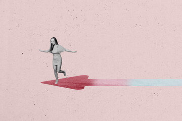 Poster zine image artwork collage of happy businesswoman stand arrow career promotion success...