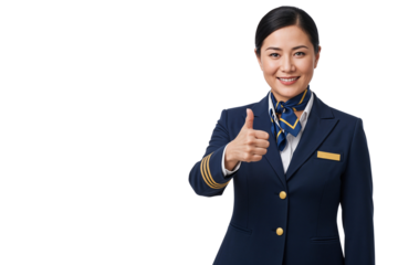 Smiling female flight attendant in uniform giving a thumbs up gesture, representing excellent service and hospitality, isolated on transparent background