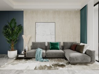 Mock up of an exclusive living room with a fashionable comfortable sofa and a stylish decorative background, 3D rendering.