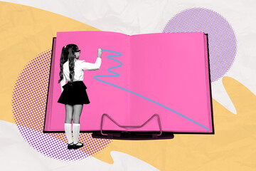 Creative pop poster sketch art collage of happy small schoolgirl stand open book page write poem...