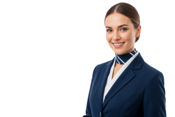 Smiling female flight attendant in uniform representing excellent service and hospitality, isolated on transparent background