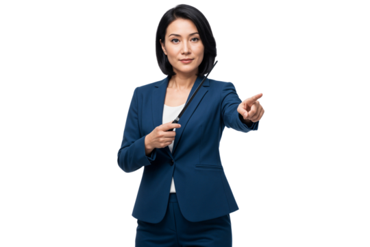 Confident businesswoman in formal suit giving a presentation with a pointer, pointing forward isolated on transparent background