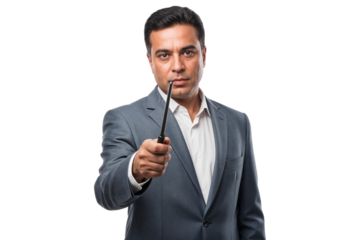 Executive manager presenting with a pointer stick, serious expression, isolated on transparent background, representing leadership, instruction, and authority