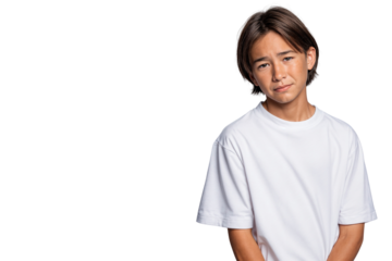 Sad-looking young boy expressing disappointment or concern, isolated on transparent background