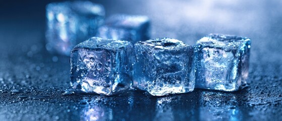 The shimmering ice cubes glistening in cool blue ambiance on reflective surface.