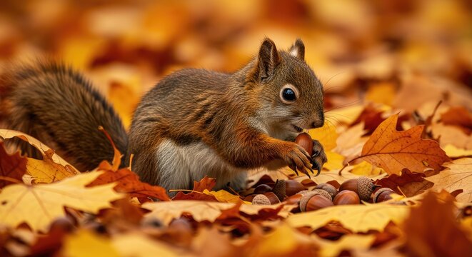 A red squirrel foraging for acorns amongst vibrant autumn leaves - Powered by Adobe