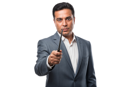 Executive manager presenting with a pointer stick, serious expression, isolated on transparent background, representing leadership, instruction, and authority