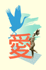 Vertical poster image collage of happy korean girl stand stork bird hieroglyph symbolic eastern...