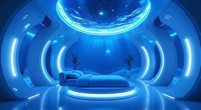 A futuristic bedroom bathed in neon blue light with a glowing starry sky dome overhead, blending sci-fi elegance with serene minimalism&mdash;perfect for a dreamlike, high-tech visual in ultra-HD.