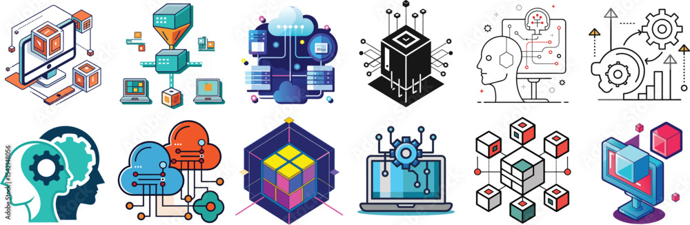Poster twelve technology icons set isolated on white background isolated on transparent background